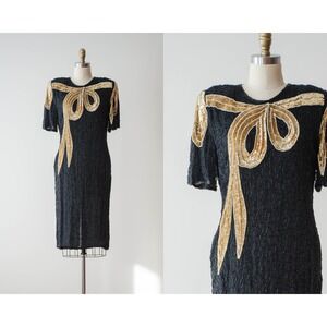 black party dress 80s vtg Carina silk beaded sequined gold bow dress